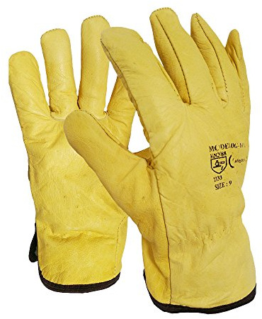 Fleece Cotton Lined Yellow or White Leather Lorry Driver Work Gloves (Medium, Yellow)
