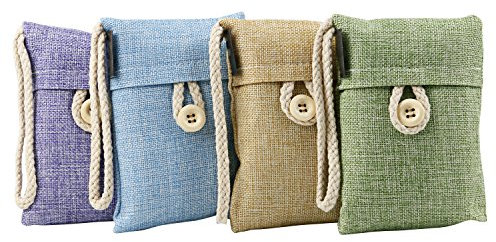 TRIXES 4 x sacchetti purificanti con carboni attivi contenuti all'interno di una pochette in fibra di bambù, sacchettini da appendere per guardaroba, i vestiti, assorbe gli odori per casa più fresca