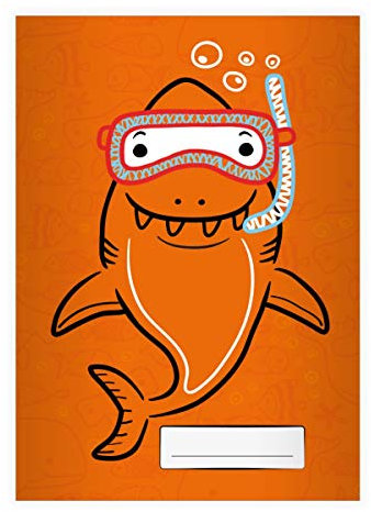 2 Lustige Tiefsee Taucher DIN A4 Schulhefte, Schreibhefte mit Comic Haifisch, orange Lineatur 20 (blanko Heft 16 Blatt/32 Seiten) Notizheft, Kladde für Schule, Universität, Büro