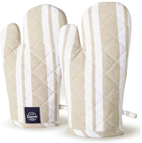Encasa Homes Long 30 cm Oven Microwave Hand Gloves Mitts (2 pc set) for Kitchen Cooking & Baking - Heat Resistant, Thick & Safe, Protection of Hands from Hot Utensils, Grill - Franca Beige Stripes