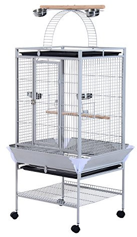 PawHut Vogelvoliere mit Rädern Höhe 161,5cm, Stahltabletts und Holzsitzstangen, Silber