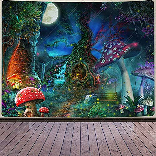 Aidatain GTCCAT1 Fantasie-Pilz-Wald-Tapisserie für Teenager, Mädchen, magischer Baum des Lebens, Haus, Vollmond, Wandbehang, Märchenwelt, Wandteppich, Flanell, große Größe, 203,2 cm, 152,4 cm