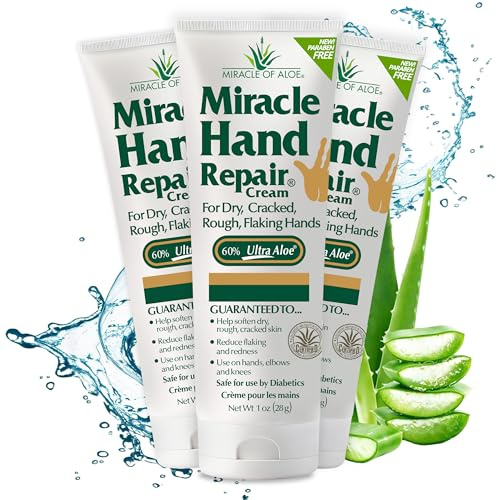Miracle Hand Repair Cream for Dry Cracked Hands 1 oz Best Healing Hand Cream with 60% Aloe Vera - Non-Greasy Moisturizer for Working Hands - Fast Absorbing Lotion for Extremely Dry Skin (3-Pack)