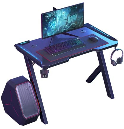 Susire Bureau Gaming LED, Bureau Gamer 100cm RGB Table Gaming pour PC Informatique Bureau PC pour Ordinateur, Support Casque et Porte Gobelet - Noir