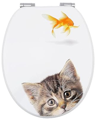 Fanmitrk Toilettendeckel, WC Sitz mit Absenkautomatik, Klobrille aus Holz, Klodeckel mit Motiv, Toilettensitz Einfache Montage (Katze)