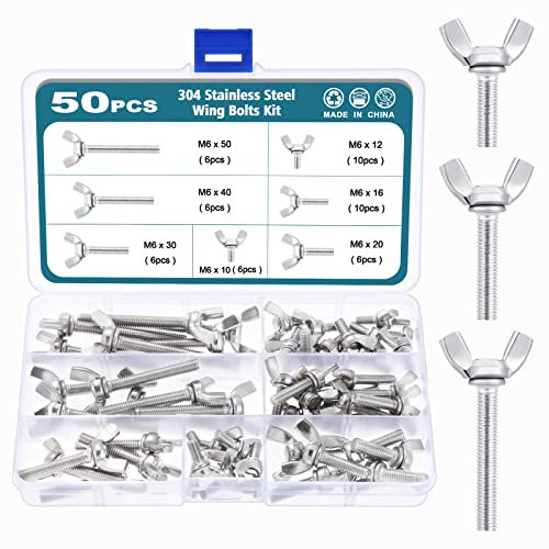 HSEAMALL 50 Stück M6 Edelstahl Flügelbolzen-Set, Schmetterlingsflügelschrauben Rändelschrauben für Maschinenausrüstung