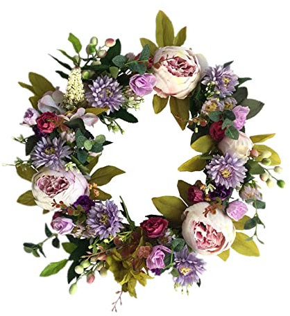 Pfingstrosen-Kranz für die Haustür, wunderschöner voller Frühlings-Türkranz, Seidenblumen-Pfingstrosen-Kranz für den Außenbereich, Garten, Lila 40cm