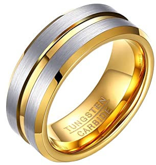 PAURO Herren Wolfram 8mm Ring Gold Grooved Center Poliertes Finish Comfort Fit Silber Gold Größe 65