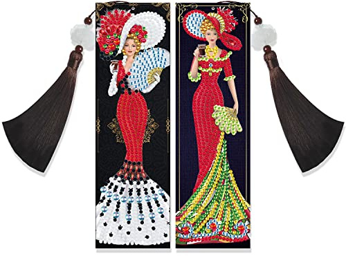 DCIDBEI Diy Diamond Painting Signets,Lot de 2 Marque-page de Peinture au Diamant,Diamond Art Surprise Broderie Craft Peinture par Numéro Kit Cadeau pour Anniversaire Noël(Femme Dame en Robe Rouge)