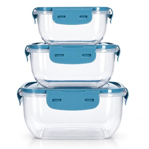 OrionMart 3pcs Food Storage Containers with Lids Airtight & Reusable – Plastic BPA-Free 100% Leak Proof Freezer Microwave Safe Square Stackable Boxes