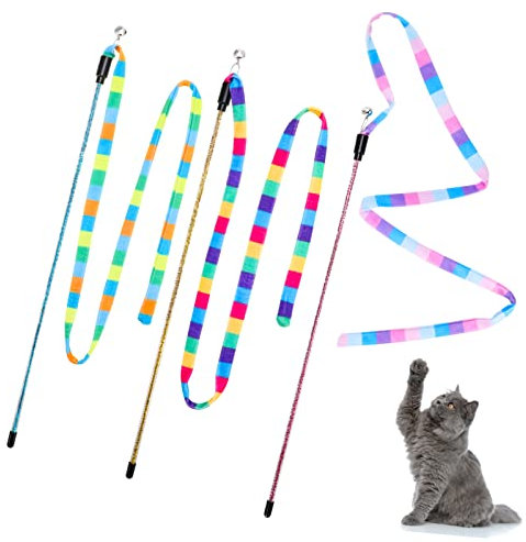 3Pcs Interactive Rainbow Wand Toys for Indoor Cats, Colorful Teaser Wand With Bell for Kitten Exerciser Playing