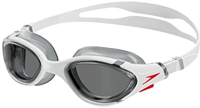 Speedo Unisex Biofuse 2.0 Swimming Goggles | Patented Easy Adjustment | Anti-Fog | Anti-Leak | Enhanced Fit | Improved Comfort, White/Red/Light Smoke, One Size