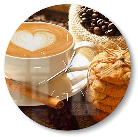 DEQORI Glasuhr | rund Ø 50 cm | Motiv Milchkaffee und Kekse | große XXL Design Uhr aus Glas | leise Wanduhr für Wohnzimmer & Küche | Moderne Hingucker Uhr für die Wand