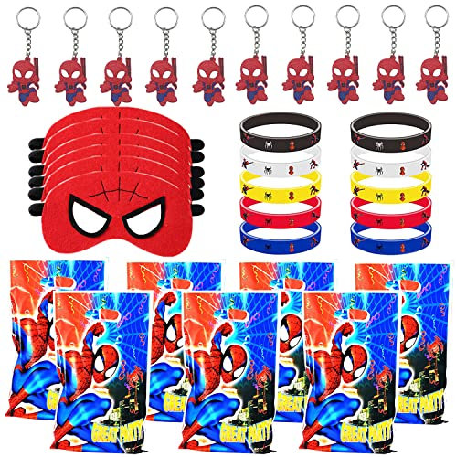 WELLXUNK Spiderman Party Mitgebsel, 10 Spiderman Schlüsselanhänger, 10 Spiderman Geschenktüten, 10 Spiderman Masken, 10 Spiderman Silikon Armband, Geburtstagsgeschenke für Jungen und Mädchen