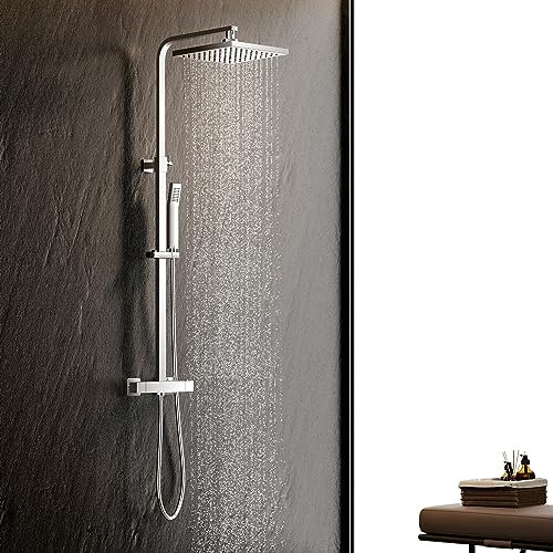 KOMIRO Colonne de Douche Thermostatique, Ensemble de Douche pour Salle de Bain, Réglable en Hauteur, Mitigeur Thermostatique, Carré, Chrome