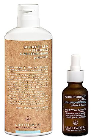 LICHTGRÜN® Startset Gesicht Mann, Mizellenschaum und Hyaluronserum 4-fach, Gesichtsreinigung und Feuchtigkeitspflege mit Hyaluron und Bio-Steinrose, für fettige und Mischhaut, vegan, Made in Germany