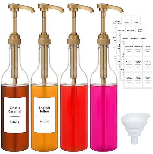 Bokon Lot de 4 distributeurs de sirop de café de 750 ml avec ensemble complet d'étiquettes et entonnoir pour café, bar, accessoires essentiels
