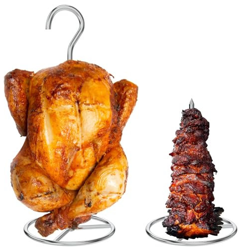 Vertical Skewer Turkey Fryer Stand Kit, Al Pastor Skewer with Removable Size Spikes (1 Base, 1 Skewers and 1 Chicken Hangers), Turkey Hanger Chicken Rack for Grill Meat, Stainless Steel