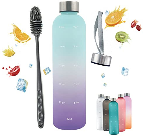 Horkos 1L Water Bottle,Motivational Time Markers,Non-Toxic BPA Free Plastic Water Bottle,Leak-Proof,1 litre Sports Bottle,Drinks Bottle for,Gym,Travel,School,Cycling,Camping(Green+Purple+cover+brush)