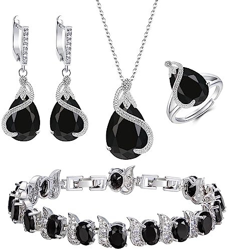 EVER FAITH 4 Stück Tropfen Cubic Zirconia Schmuck Set Glamour Anhänger Halskette Ohrringe Tennis Armband und Offener Ring für Damen Hochzeit Party Silber-Ton Schwarz Zirkonia