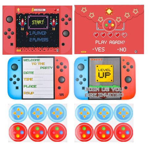 12 X Birthday Party Invitations Gaming, Invitation Cards with Envelopes Kids,150x100mm, Game Theme Party Invites for Boys, Printed Invitation Cards, Childrens Party Invitations Supplies Double-Sided