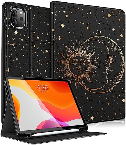 Pegmode Étui pour iPad Pro 12.9 pour femmes et filles, étui folio cool soleil, lune, étoile, fille, design esthétique avec porte-crayon, coque intelligente pour Apple iPad Pro 12,9 pouces