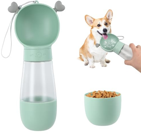 Botella para Perros, Botella de Agua de Viaje para Perros, Dispensador de Agua para Mascotas a Prueba de Fugas con Recipiente de Comida de 200ml, 350ml Bebedero Perro Portatil, Bebedero Perro Portatil