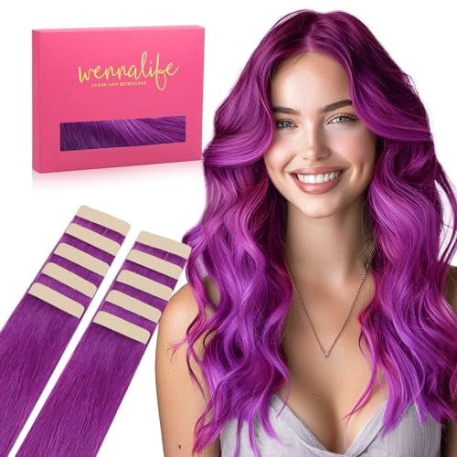 WENNALIFE Extension Capelli Veri Biadesivo, 10pz 25cm 20g Viola Extension Biadesive Capelli Veri Lisci Remy Tape in Hair Extensions Capelli Setosi Solo per L'aggiunta di Colori Set di Ricarica