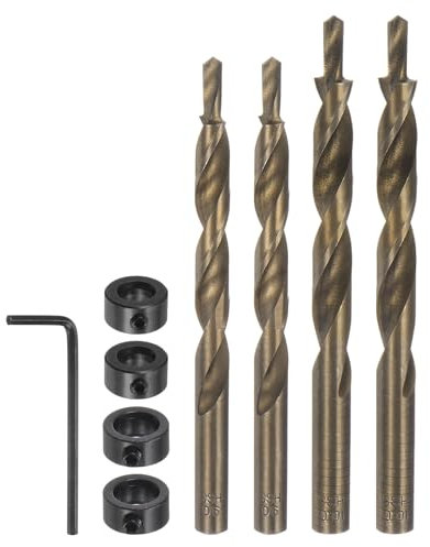 sourcing map 4pcs Pocket Hole Drill Bit 23/64 25/64 Dia 5/16 Tip Round Shank Replacement Twist Step Drill Bit with M12 Depth Stop Collar and Wrench for Woodworking