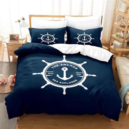 Rodths Bettwäsche 200x220 Marine Anker Ozean Meer Bettbezug 200 x 220 3er Set, Weiche Microfaser Sommerbettwäsche mit ReißVerschluss, 2 Kissenbezug 80x80 cm, Bügelfreie Wendebettwäsche
