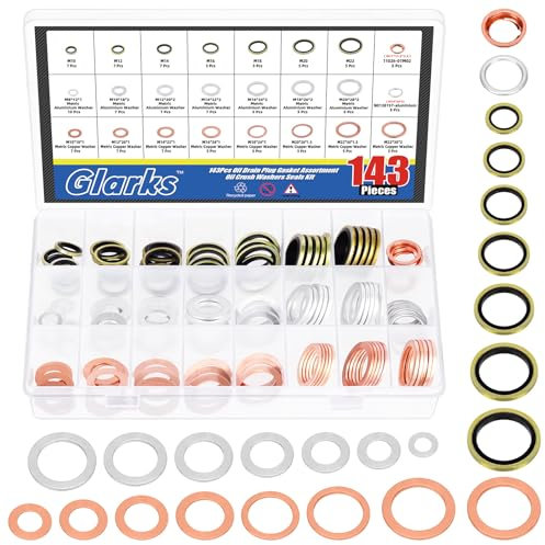 Glarks 143pcs 10 tamaños Automotive Oil Drain Plug Kit M8 M10 M12 M14 M16 M18 M20 M22 Aluminio Cobre Acero Aceite Crush Washer Seal Oil Drain Plug Crush arandela
