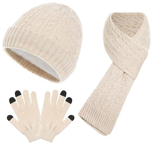 Wintermütze, Schal, Handschuh, gestrickt, 3er-Set, Schal, Handschuhe, Mützen-Set für Damen, beige, One size
