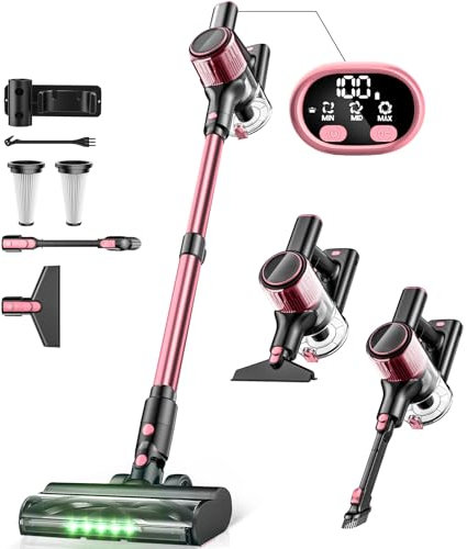 Cordless Vacuum Cleaner, 350W/30Kpa 8 in 1 Powerful Stick Vacuum, with Anti-Tangle Brush and Upgraded Green Light, 40mins Runtime Rechargeable Lightweight Vacuums for Hardwood Floor (Pink)