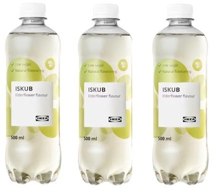Pack of 3: Iskub Carbonated soft drink, elderflower flavour/with less sugar and sweeteners, 3 x 500 ml
