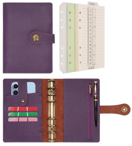 Wonderpool Ringbuch Notizbuch A6 Nachfüllbar Leder Tagebuch Organizer Binder Ordner mit Taschen Liniertes Papier Stift für Büro Schule Geschäft Reisen Planung Schreiben (Lila,A6)