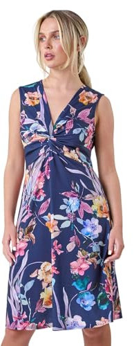Roman Originals Maxi Dress for Women UK Ladies Twist Knot Front Empire Waist Summer Party Casual Holiday Bohemian Beach Cruise Evening Long Sleeveless V Neck Jersey - Petite Floral Navy - Size 14