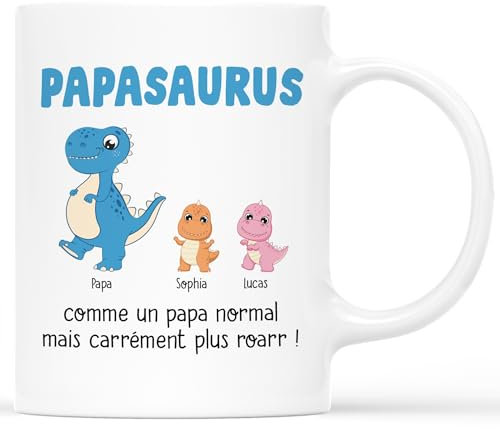 𝗖𝗔𝗗𝗘𝗔𝗨 𝗣𝗟𝗨𝗦 Mug Personnalisé Prénom - Papasaurus et Ses Enfants - Cadeau Noël Fete Des Peres Personnalisé, Cadeau Papa Personnalisé, Tasse Papa Original
