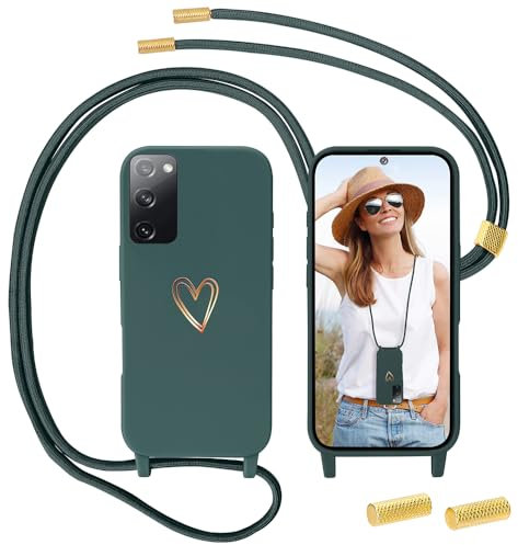 Handyband für Samsung Galaxy S20 FE Hülle mit Band, MoEvn Necklace Handyhülle mit Kordel für zum Umhängen Herz Muster Silikon Case Stoßfeste Schutzhülle mit Abnehmbar Kette für S20 FE 4G/5G, Grün