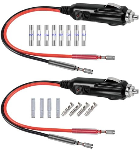 GTIWUNG 2 Stück Zigarettenanzünder Stecker mit Verschiedenen Längen der Roten und Schwarzen Leitungen, 12V Autostecker mit 8 Stück 10A/15A Sicherung