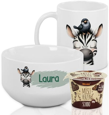 GRAZDesign Frühstückset Tasse mit Müslischale personalisiert für Kinder Zebra Motiv aus Keramik - Geschenkset/Zebra