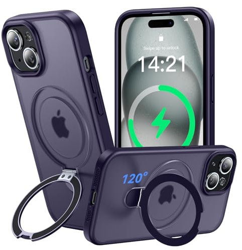 Aekyiwot 120° Magic Stand für iPhone 15 Hülle für Magsafe, [Militärschutz] [Magnetischer Robust Standring] Matt Durchscheinende Stoßfest Hülle für iPhone 15 Violett