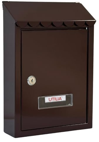 UTILIA Cassetta Postale Capri cm. 21x6x30 h, Porta Lettere in Lamiera Verniciata con Tetto, Feritoia Superiore Posteriore, Cassetta della Posta da Esterno con Serratura a Cilindro, 2 Chiavi (Marrone)