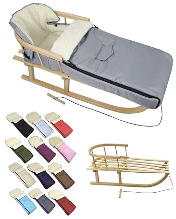 BambiniWelt Holzschlitten mit Rückenlehne & Zugseil + Winterfußsack 108 cm – warme Lammwolle, wasserabweisend – Kombi-Set für Kinderwagen & Buggy, Farbe: hellgrau