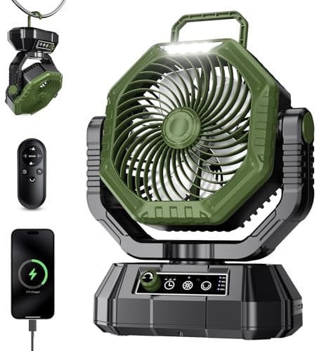 AJVV Camping Ventilator mit akku 20000mAh, Akku Ventilator mit Fernbedienung/LED Licht/270° Drehung, Tischventilator mit Haken/Powerbank/Stufenlose Geschwindigkeit, für Outdoor Reisen Angeln-Grün