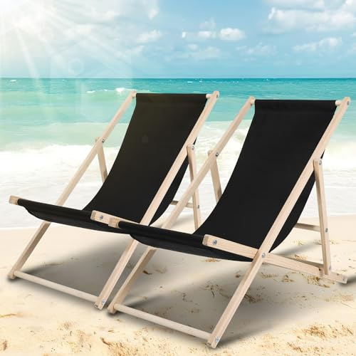 ISOISL 2er Set Liegestuhl klappbar Holz, Strandstuhl, Bis 150 kg, Sonnenliege, strapazierfähiger Klapp-, Garten, Strand, Camping- und Reisebegleiter, (schwarz)