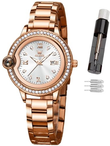 OLEVS Damen-Armbanduhr, kleines Handgelenk, Rotgold, Diamant-Zifferblatt, Quarzuhr, modisch, nachtleuchtend, wasserdicht, analoge Uhr für Frauen, Romantisches Geschenk für Freundin, 9945, grüne