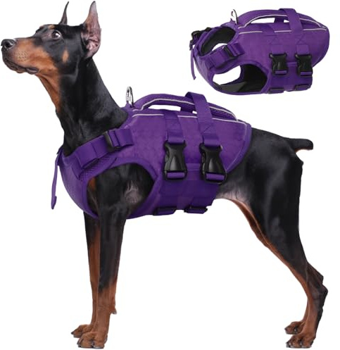 Kuoser Schwimmweste Hund groß, Hundeschwimmweste mit Griff, Lila XL | Ripstop Hunde Schwimmweste mit hohem Auftrieb, verstellbar für kleine mittelgroße & große Hunde, mit reflektierenden Streifen