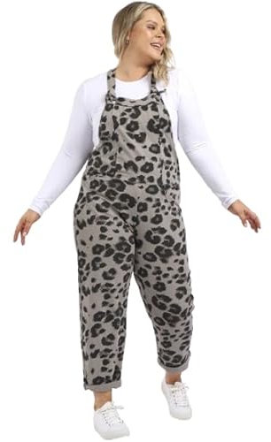 Made In Italy Leopard Print Deep Square Neck Cotton Lagenlook Dungaree Mocha One Size (UK 14-18)