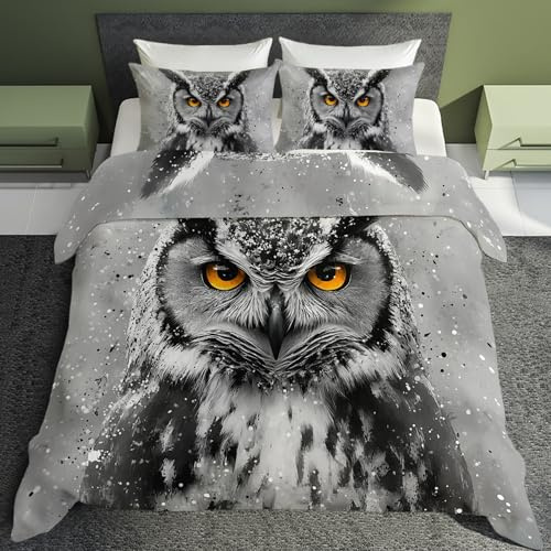 Luxfieo Eule Deko - Eule Bettwäsche 135x200 Winter, Eulenmotiv Vogel Bettbezug 135 x 200 2er Set mit 1 Kissenbezug 80x80, Weiche Mikrofaser Winterbettwäsche mit Reißverschluss T&*72