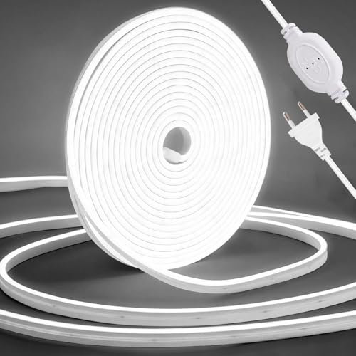 Bandeau LED COB 220V, 5 M Dimmable Bande LED Blanche Froide 6000K, IP65 Étanche Flexible Strip, Bandes à LED Strip Ruban avec Alimentation, pour DIY Chambre, Cuisine, Exterieur Maison Décoration